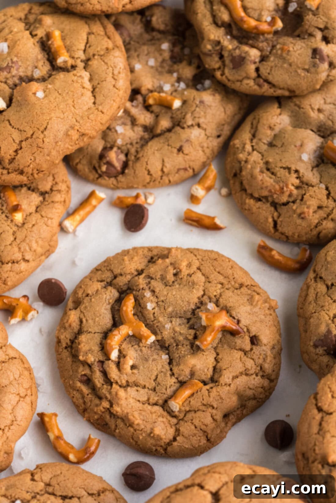 Twisted Pretzel Chocolate Chip Cookies 2 Close up photo of Pretzel Chocolate Chip Cookies scattered on a table