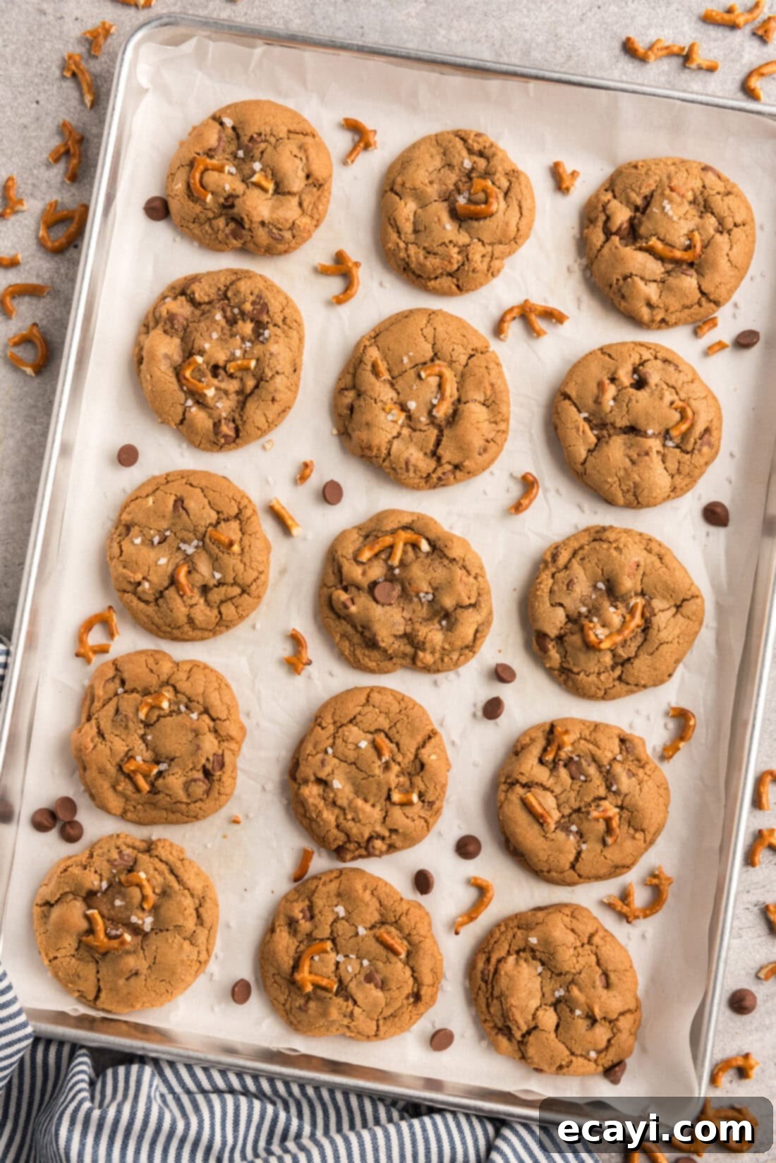 Twisted Pretzel Chocolate Chip Cookies 11 Pan of freshly baked Pretzel Chocolate Chip Cookies