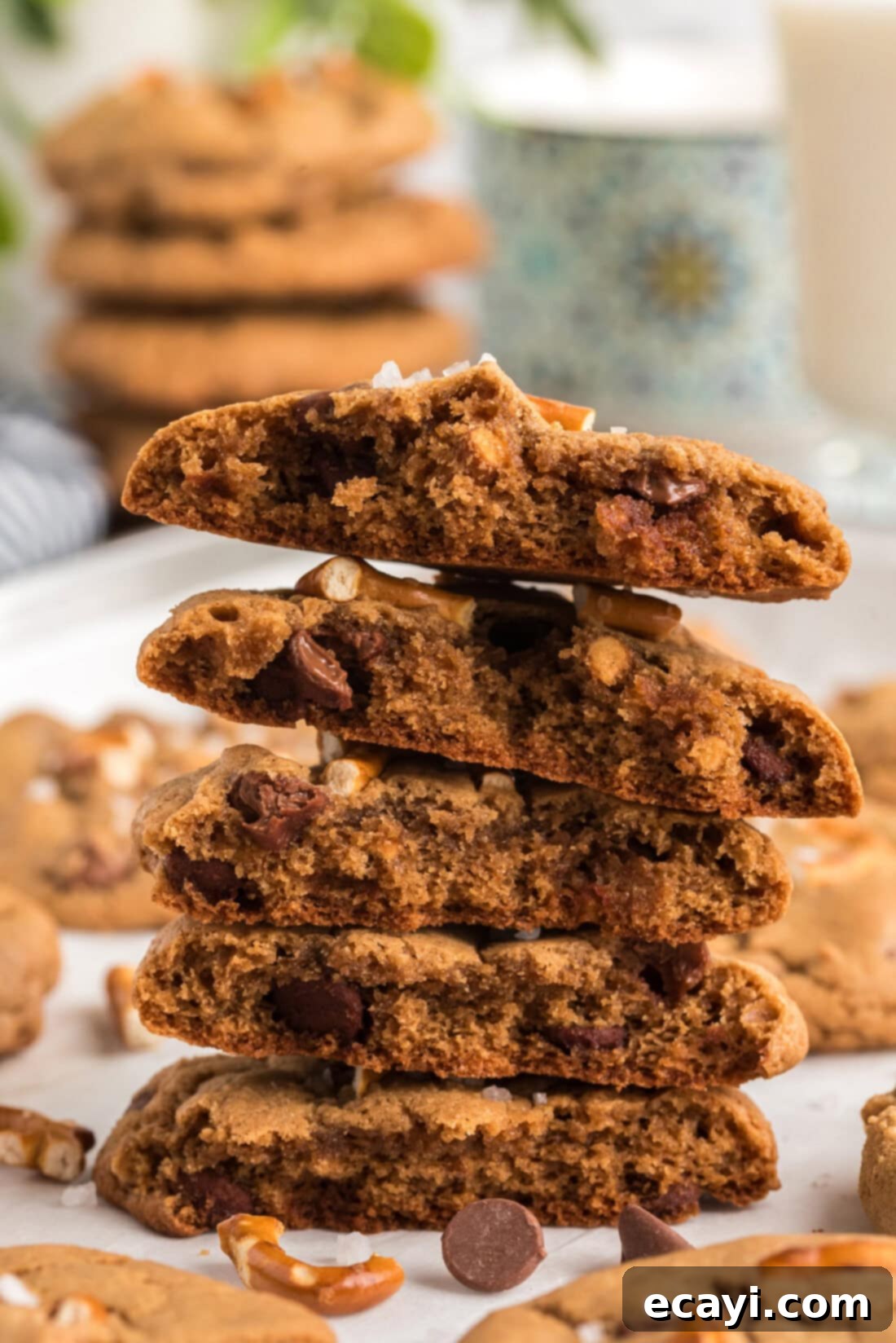 Twisted Pretzel Chocolate Chip Cookies 3 Stack of Pretzel Chocolate Chip Cookies cut in half