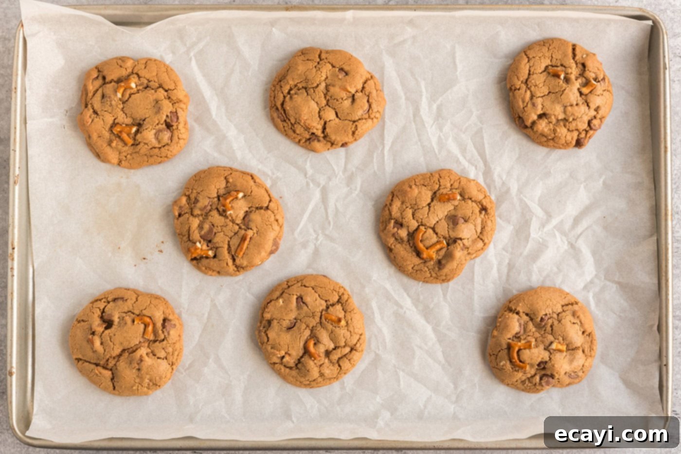 Twisted Pretzel Chocolate Chip Cookies 10 overhead of baked chocolate chip pretzel cookies