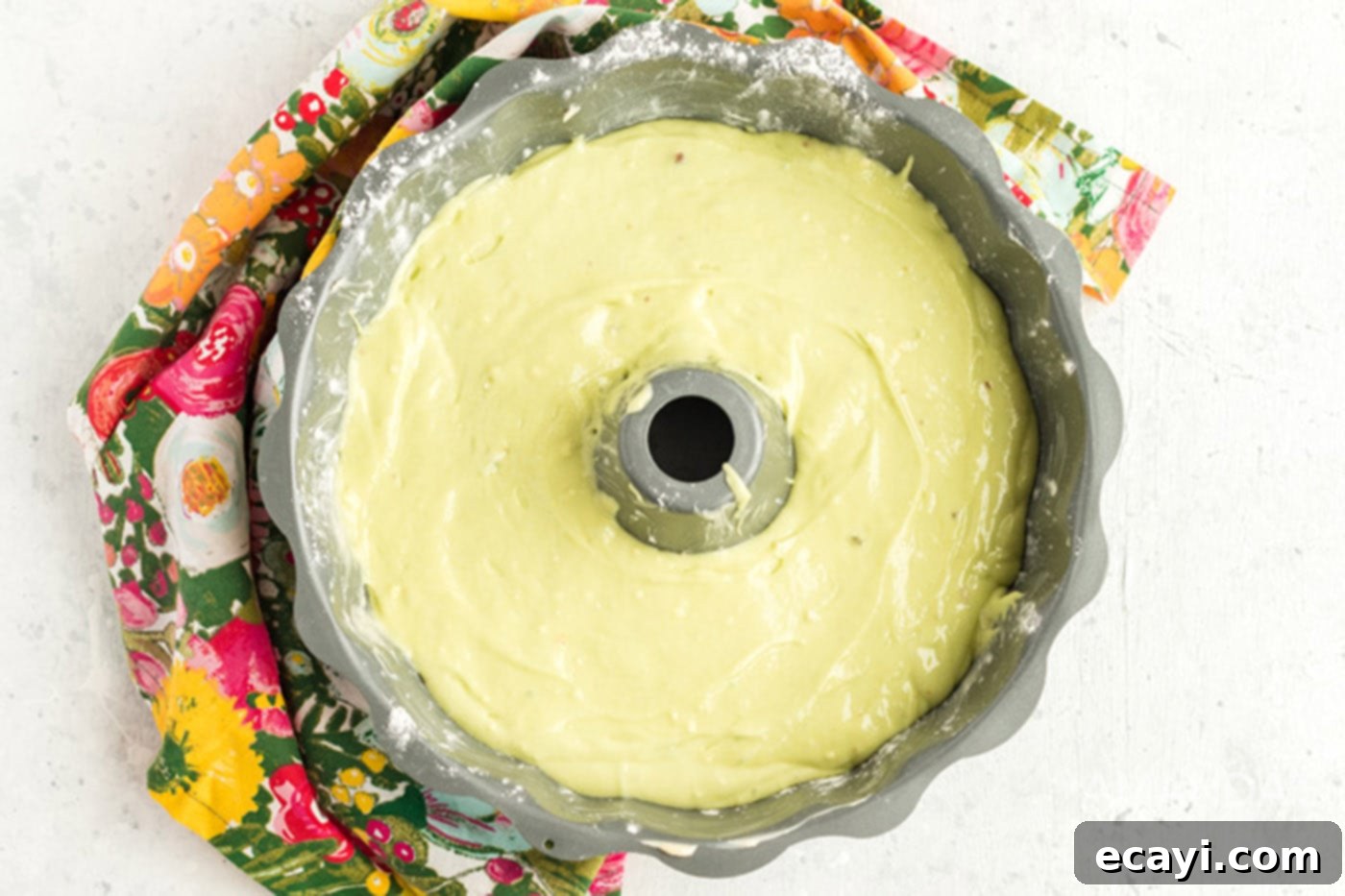 Emerald Pistachio Delight 3 cake batter in pan