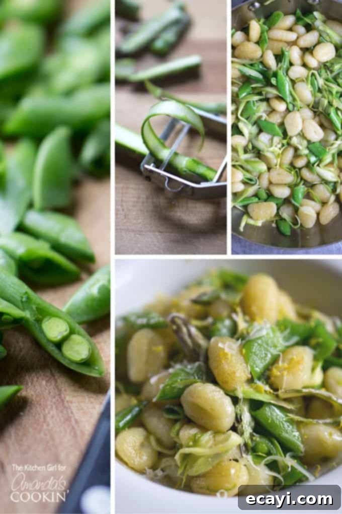 Golden Pan-Seared Gnocchi with Asparagus Ribbons and Sweet Snap Peas 3 Photos of the steps to make pan-seared gnocchi with shaved asparagus.