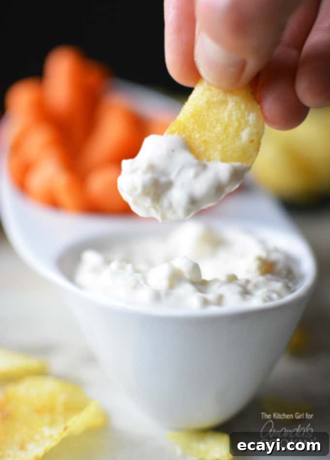 Guilt-Free French Onion Dip 3 A close up of a potato chip with skinny French onion dip on it and the bowl of dip in the background.
