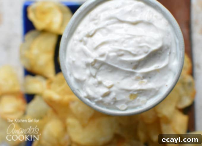 Guilt-Free French Onion Dip 4 A close up overhead of skinny French onion dip in a white bowl with potato chips in the background.