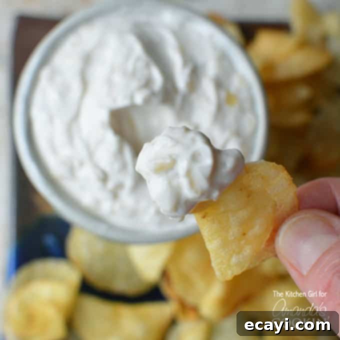 Guilt-Free French Onion Dip 5 A close up of a potato chip with skinny French onion dip on it and the bowl of dip in the background.