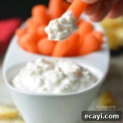 Guilt-Free French Onion Dip 8 A close up of a carrot dipped in skinny French onion dip with dip and carrots in a serving dish in the background.