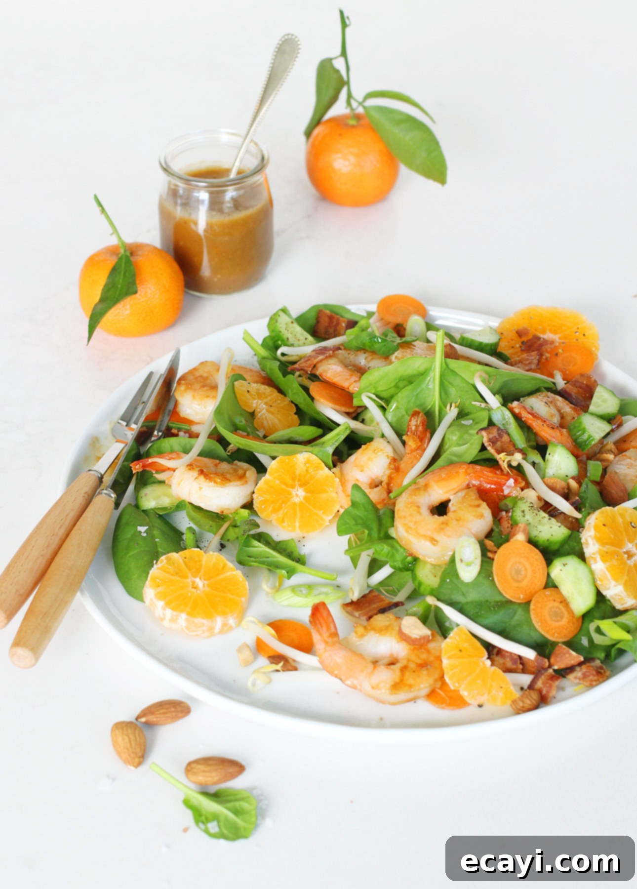 Marmalade Glazed Shrimp and Crispy Bacon Salad 3 Close-up of Marmalade Shrimp and Bacon Salad showing dressing and fresh ingredients