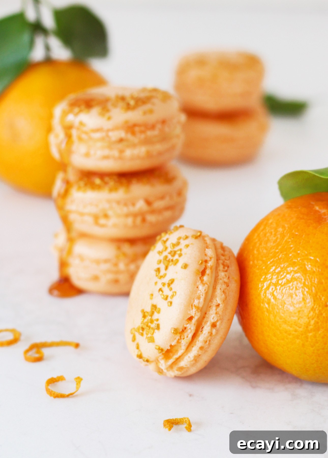 Luscious Honey Orange French Macarons 3 Two Honey Orange French Macarons with a creamy orange filling, placed on a white surface