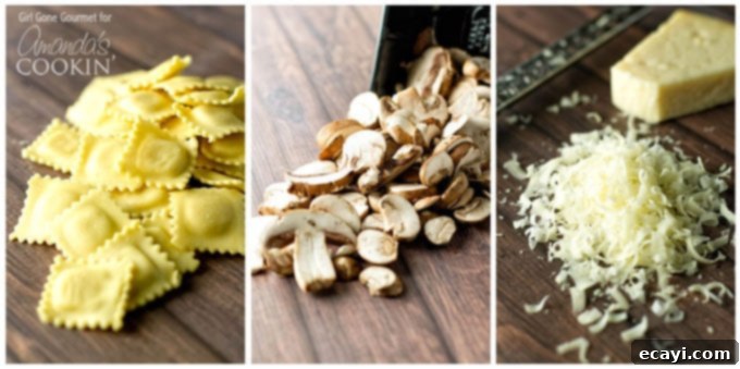 This creamy mushroom ravioli dish starts on the stove and finishes in the oven making it the perfect weeknight dinner. A stovetop casserole! Ravioli noodles, sliced portobello mushrooms, and grated cheese ready for cooking
