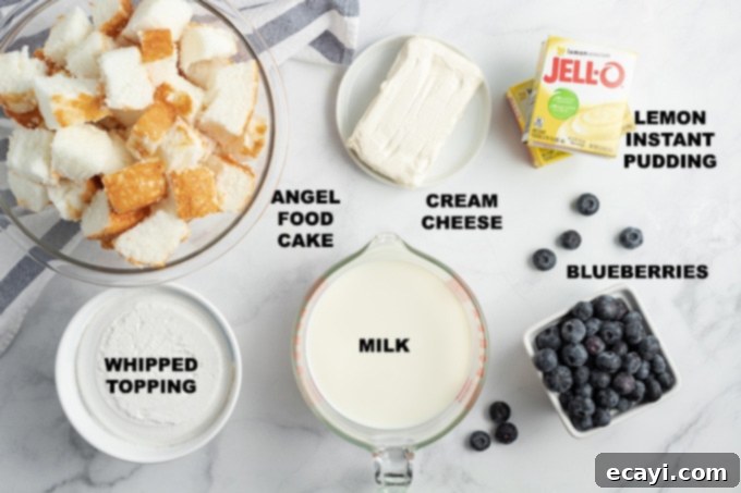 Key ingredients for making an easy Lemon Blueberry Trifle A flat lay of all the ingredients needed to make a lemon blueberry trifle: cream cheese, instant lemon pudding mixes, milk, whipped topping, angel food cake, fresh blueberries, and lemon slices.