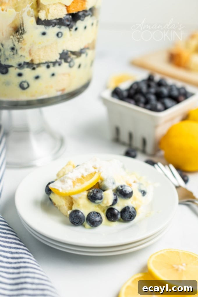 A perfect serving of Lemon Blueberry Trifle A single serving of lemon blueberry trifle on a white plate, showcasing its distinct layers of cake, lemon pudding, and blueberries, topped with whipped cream and fresh fruit.