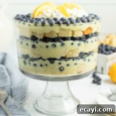 Dreamy Lemon Blueberry Trifle Layers 4 A side view of the layered lemon blueberry trifle, showing the distinct alternating sections of cake, creamy lemon pudding, and fresh blueberries, topped with whipped cream and garnished with more berries. The image implies a clean slice or serving, highlighting the texture and freshness.