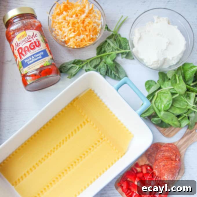 Pizzagna 7 An overhead photo of all the ingredients for pizza lasagna spread out neatly on the kitchen counter.