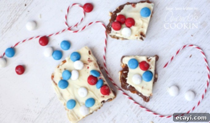 Stars and Stripes Candy Bark 4 An overhead photo of patriotic candy bark.