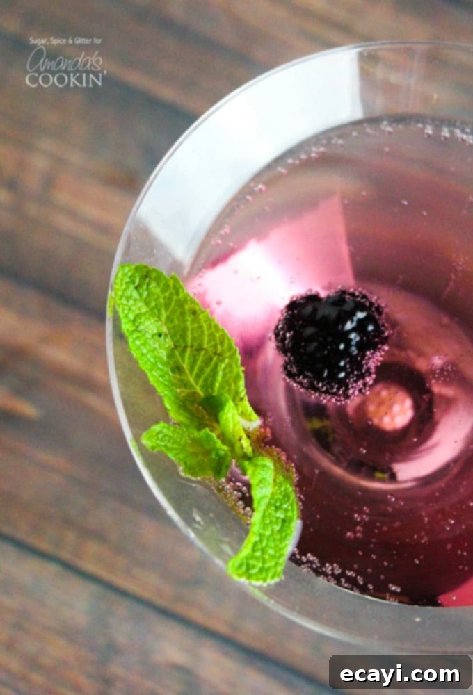 Velvet Berry Martini 3 A close up overhead of a blackberry gin martini topped with fresh blackberries and mint leaves.
