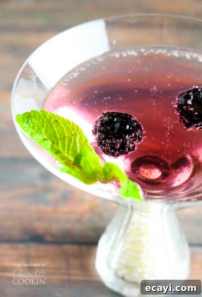 Velvet Berry Martini 4 A close up overhead of a blackberry gin martini topped with fresh blackberries and mint leaves.