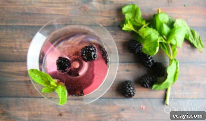 Velvet Berry Martini 5 An overhead of a blackberry gin martini topped with fresh blackberries and mint leaves and some on the table next to the glass.