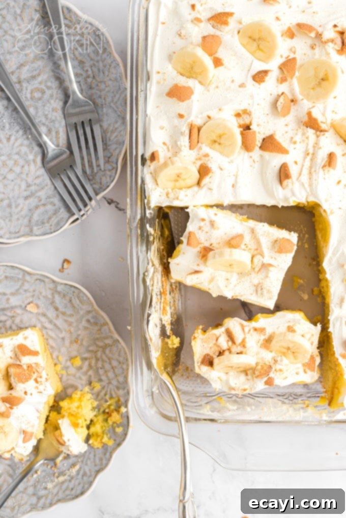 This delicious banana pudding poke cake recipe is quick and easy and perfect for a potluck. Use a cake mix for this beautiful poke cake dessert! Overhead view of a banana pudding poke cake with several slices already removed, showing the creamy layers