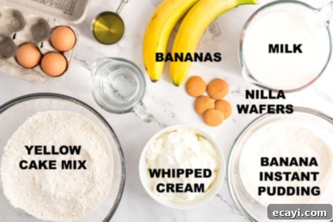 Luscious Banana Pudding Poke Cake 2 Ingredients laid out for making banana pudding poke cake, including cake mix, pudding, milk, bananas, and Nilla Wafers