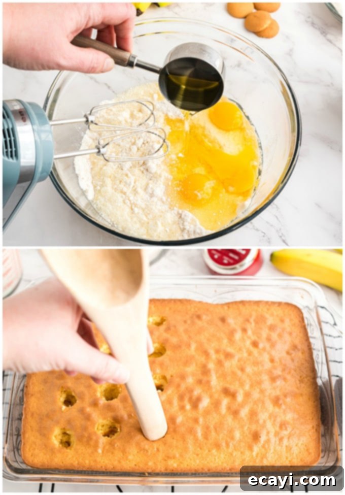 Luscious Banana Pudding Poke Cake 3 Prepared cake mix in a baking dish before going into the oven