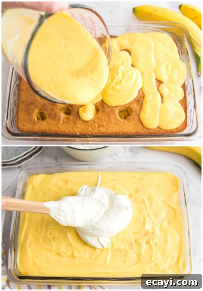 Luscious Banana Pudding Poke Cake 4 Close up shot of pouring the banana pudding mixture over the poked cake