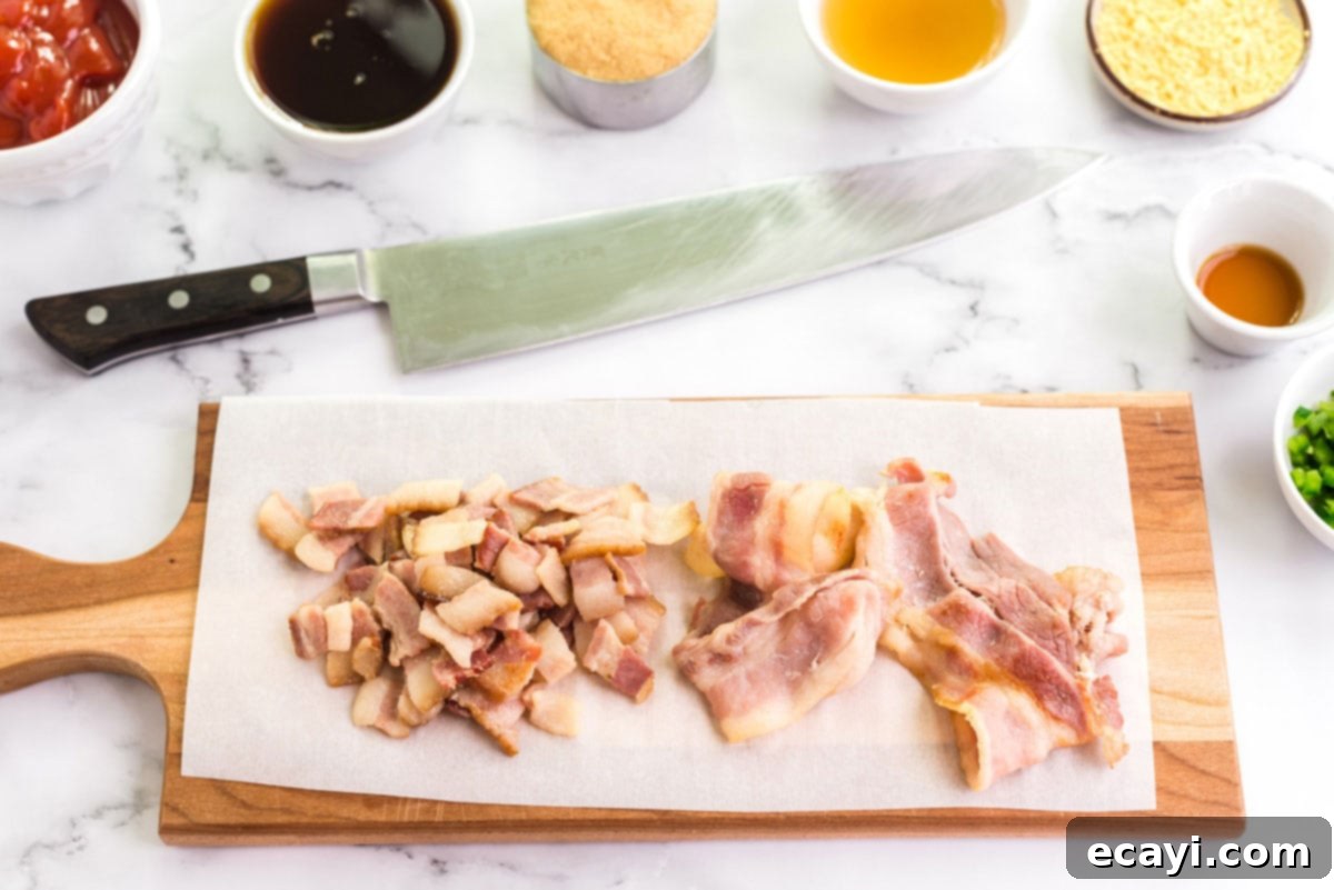 Grandma's Classic Baked Beans 3 partially cooked bacon on a cutting board