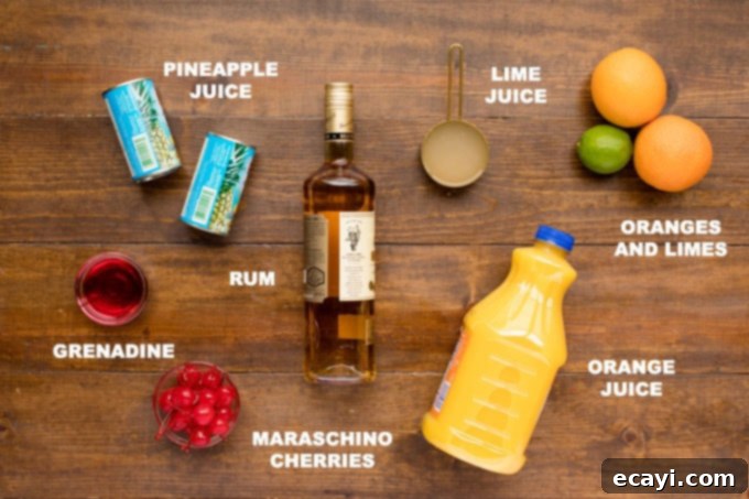 Punch of Paradise 4 Ingredients for rum punch laid out: pineapple juice, orange juice, lime juice, rum bottle, and garnishes