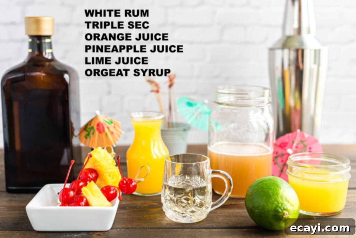 The Ultimate Mai Tai 2 A curated display of all the essential ingredients laid out neatly, including rum, triple sec, various juices, and orgeat syrup, ready to make a Mai Tai cocktail.