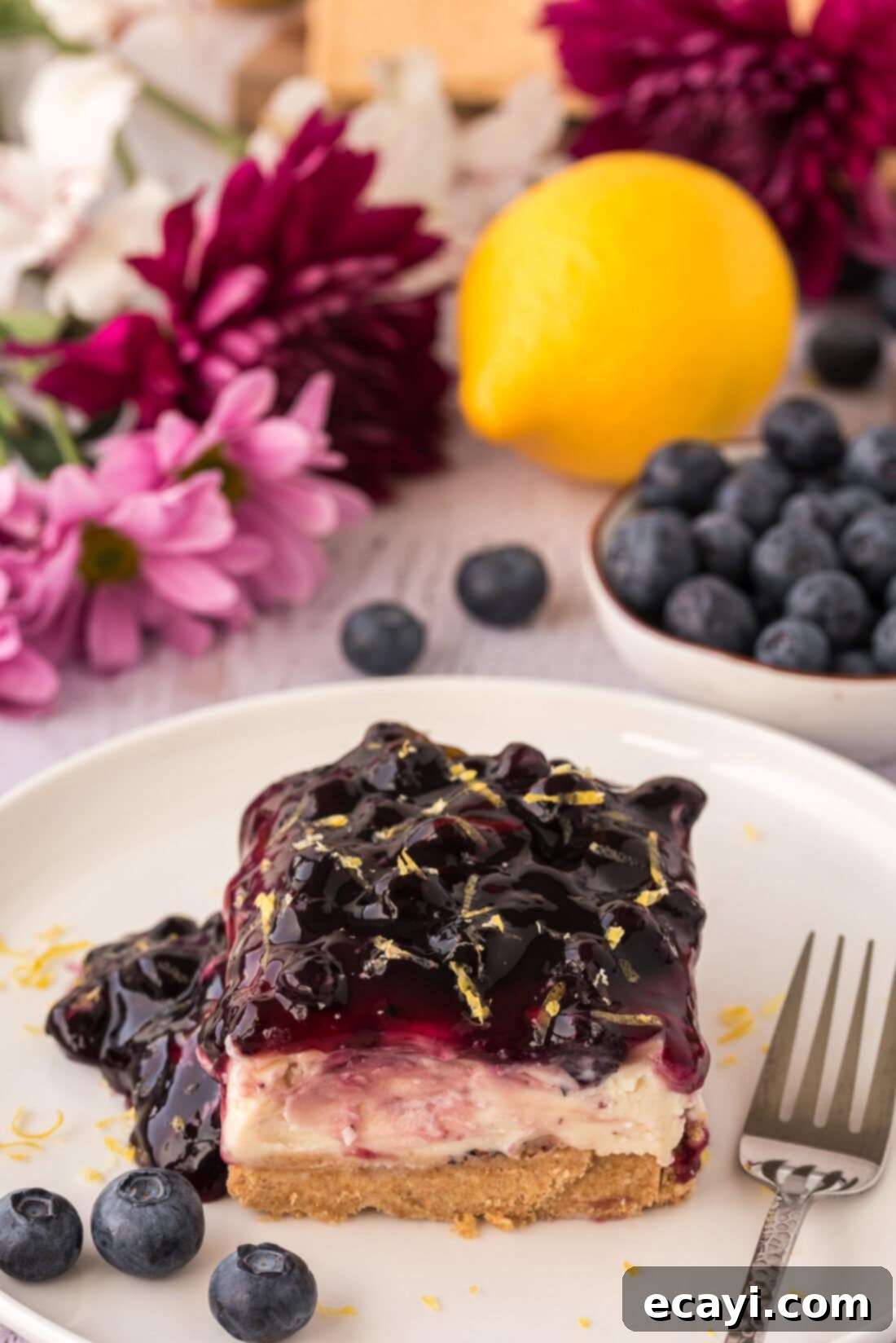 Creamy No-Bake Blueberry Cheesecake 11 A perfectly sliced piece of No Bake Blueberry Cheesecake on a white plate, ready to be enjoyed.
