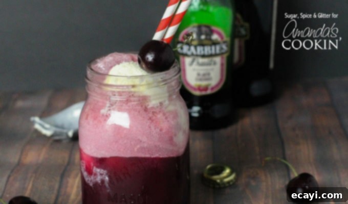 Velvet Cherry Dream 5 A vibrant close-up of a Black Cherry Float Cocktail, showcasing the frothy top and the rich color of the drink, perfectly presented with red and white striped straws and a fresh cherry garnish.