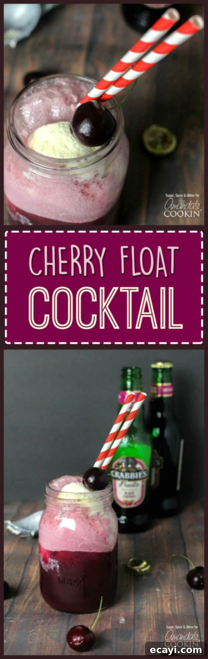 Velvet Cherry Dream 7 An appetizing photo of a finished Black Cherry Float Cocktail, with ice cream and cherries visible.