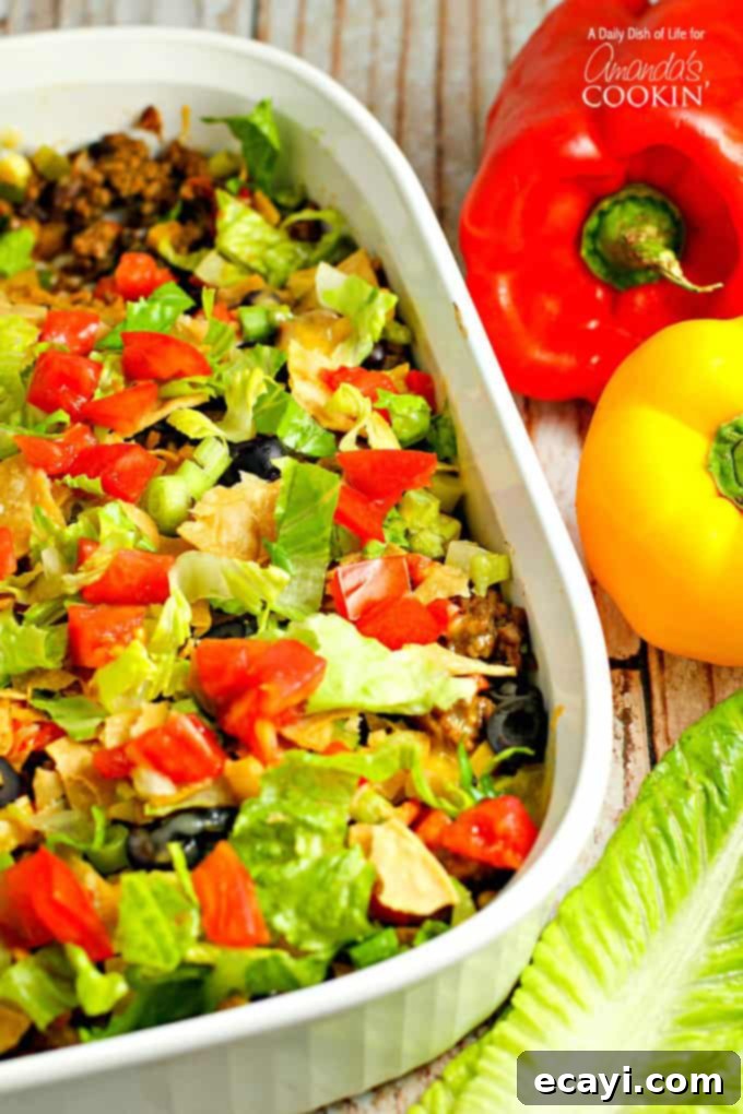 This delicious and hearty taco casserole will quickly become a family favorite. Seasoned beef, tasty beans, melty cheese and salsa with just enough chips! Taco Casserole