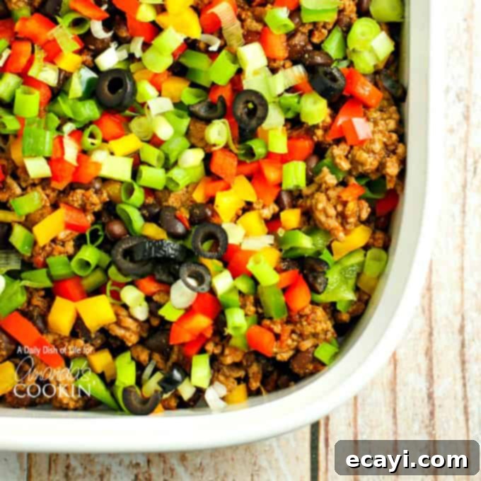 This delicious and hearty taco casserole will quickly become a family favorite. Seasoned beef, tasty beans, melty cheese and salsa with just enough chips! veggie topped taco casserole