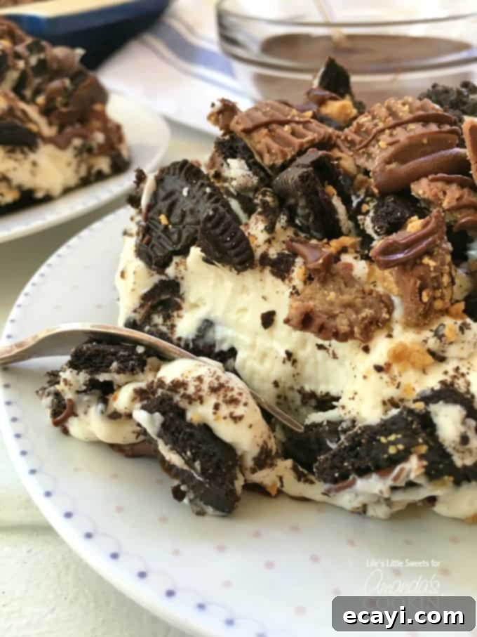 Irresistible Peanut Butter Oreo No Bake Cheesecake 2 A close up of a slice of peanut butter oreo no bake cheesecake on a plate with a fork, showcasing the distinct layers of Oreo crust, creamy filling, and chunky toppings.