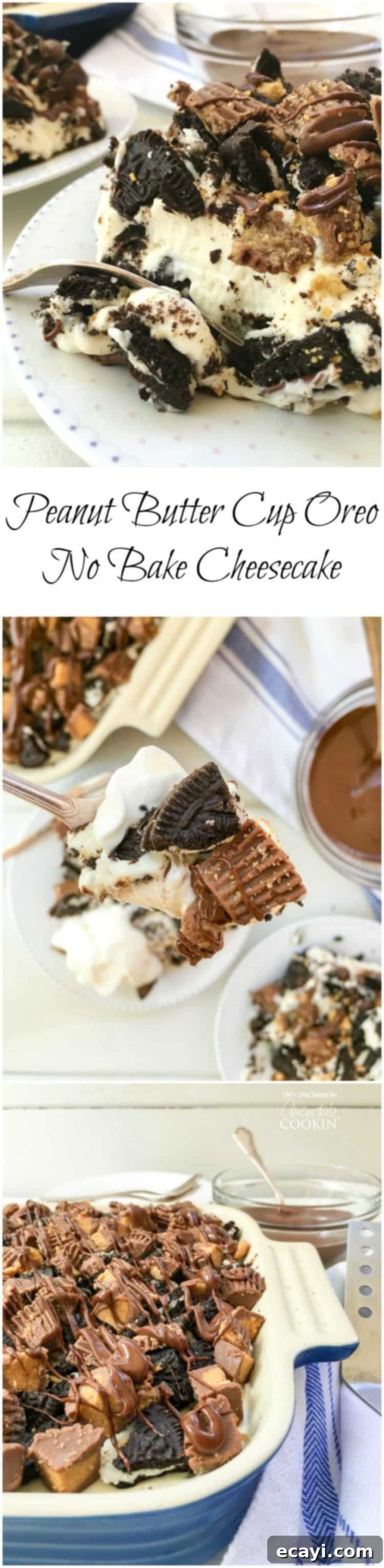 Irresistible Peanut Butter Oreo No Bake Cheesecake 9 A close up of a forkful of peanut butter oreo no bake cheesecake, emphasizing the delightful crunchy crust and smooth, creamy filling.