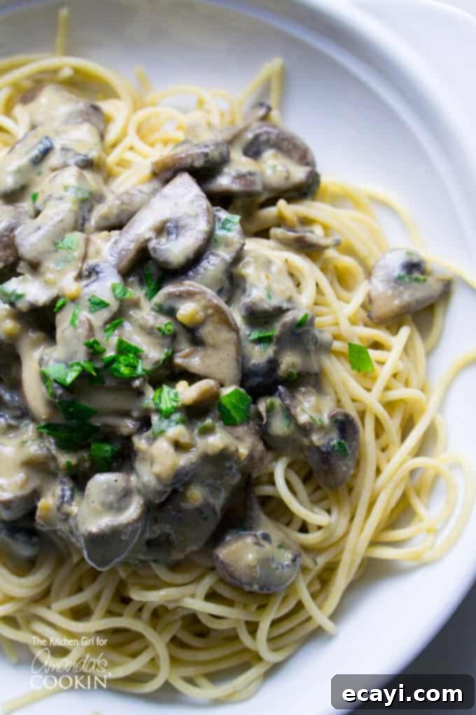 One-Pan Mushroom Stroganoff 2 A close up overhead of mushroom stroganoff on a white plate, showcasing its rich, creamy texture and tender mushroom slices.