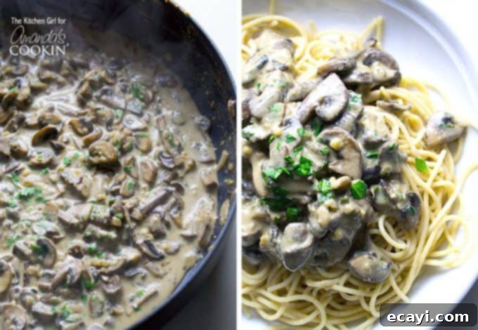 One-Pan Mushroom Stroganoff 4 Two overhead pictures. One shows a skillet filled with rich mushroom stroganoff, while the other displays a serving of mushroom stroganoff on a clean white plate, garnished with fresh parsley.