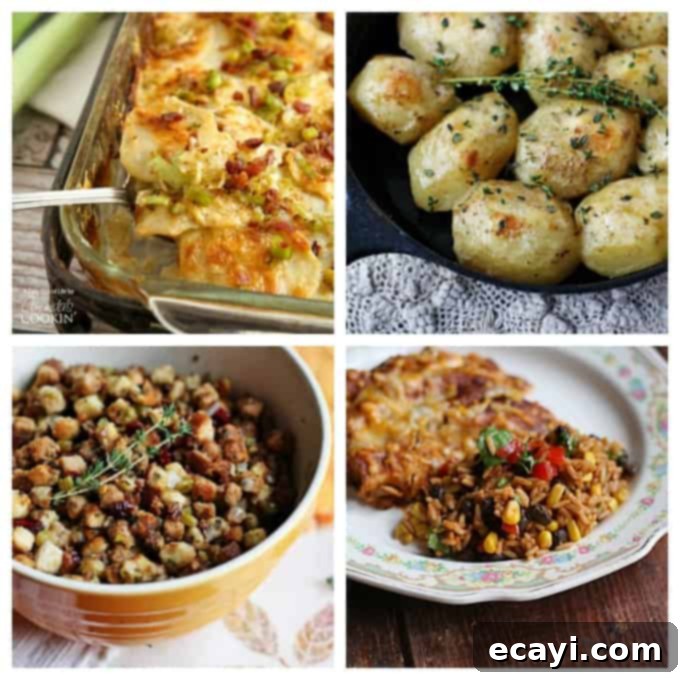 One-Pan Mushroom Stroganoff 5 A collage of various comfort food dishes: Potatoes Au Gratin, roasted potatoes in a cast iron skillet, stuffing with parsley, sage, rosemary & thyme, and Spanish rice with black beans and corn.
