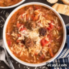 Hearty Sausage Orzo Soup 12 Close up photo of a bowl of Italian Sausage Tomato Orzo Soup