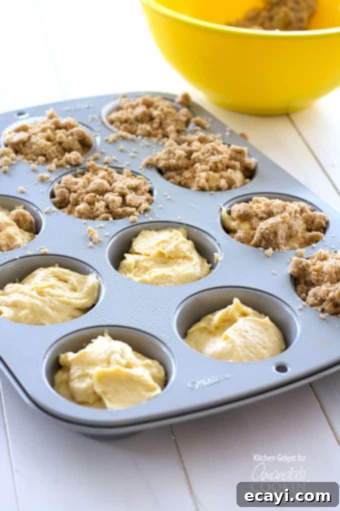 Cinnamon Swirl Crunch Muffins 4 A muffin pan filled with muffin batter, half of which are topped with cinnamon streusel.