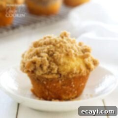 Cinnamon Swirl Crunch Muffins 6 A close up of a cinnamon streusel muffin in a white bowl.