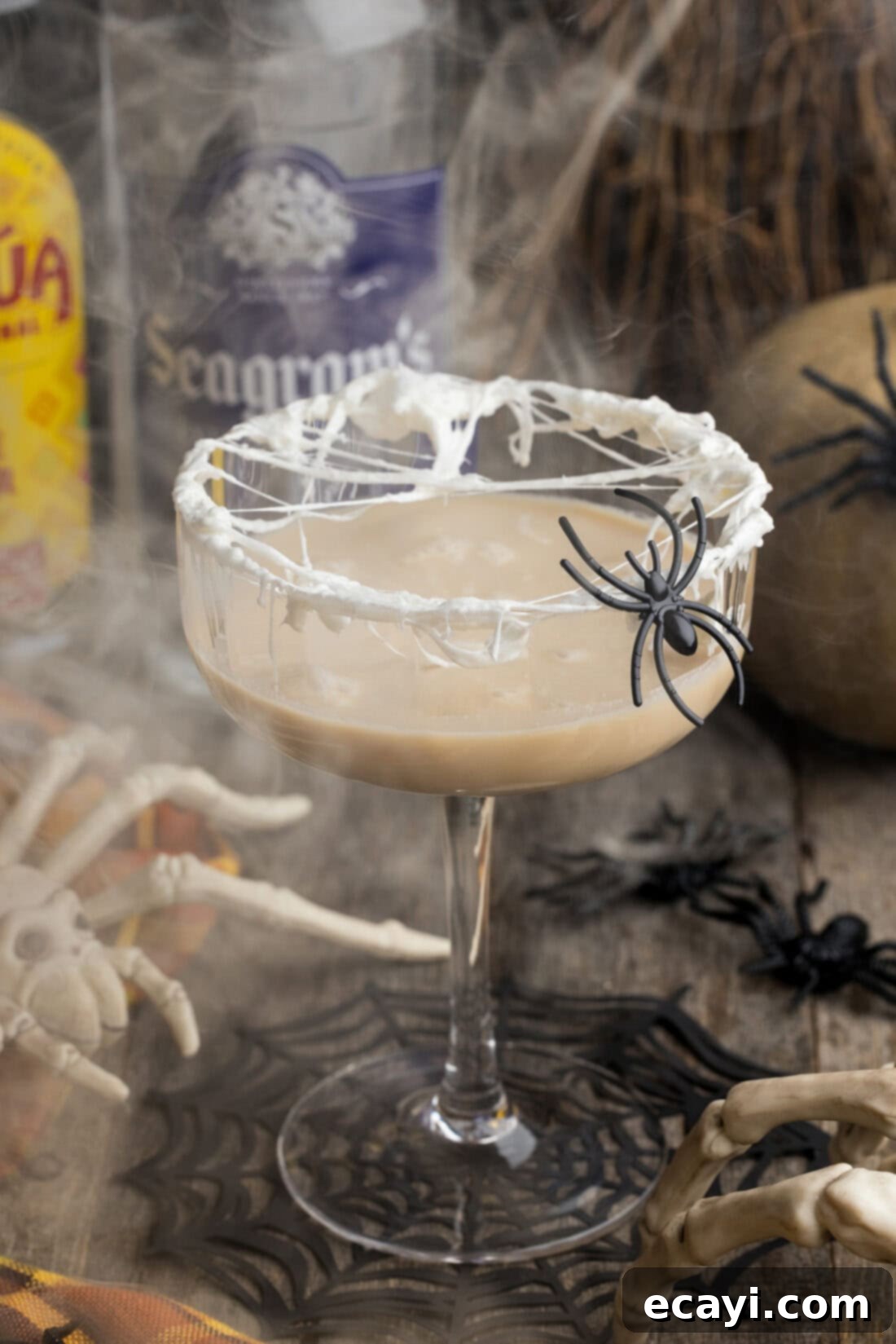 Cobweb Elixir 3 Spiderweb Cocktail with smoke in the background