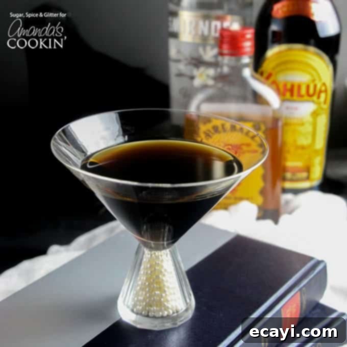 Nevermore Coffee Cocktail 3 A photo of a raven coffee cocktail in a martini glass.