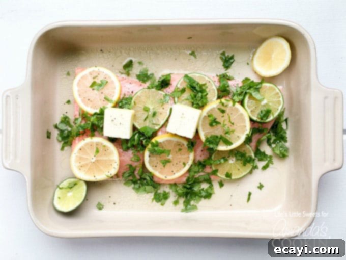 Zesty Salmon Street Tacos 4 An overhead photo of raw salmon fillets marinating in a baking dish, generously topped with vibrant lemon and lime wheels, and fresh cilantro sprigs.