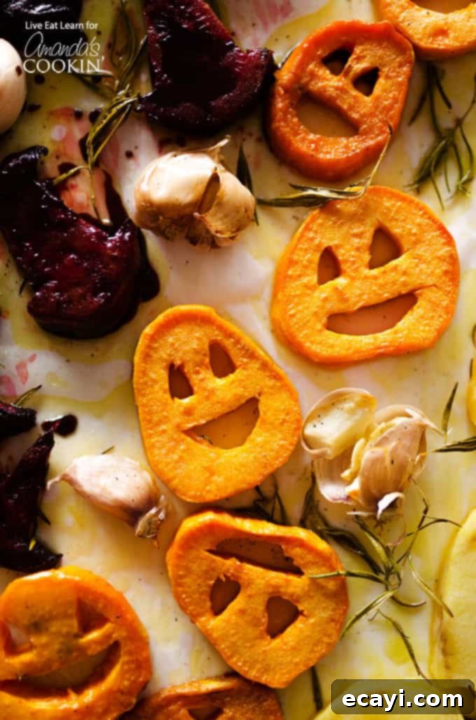 Haunted Harvest Roasts 2 A close up overhead photo of roasted Halloween vegetables.
