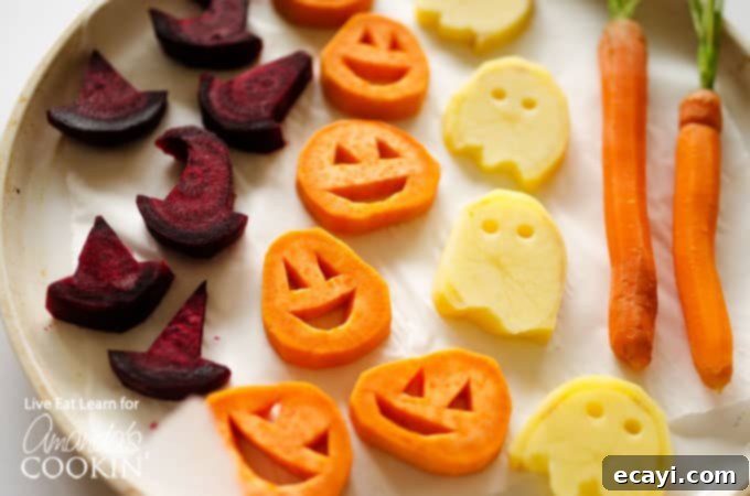 Haunted Harvest Roasts 4 A close up photo of roasted Halloween vegetables.