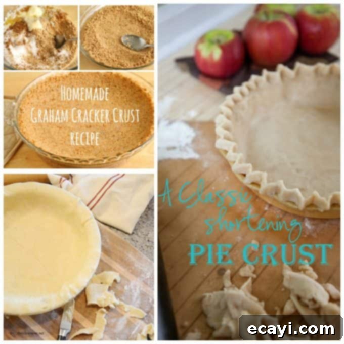 Unlock Pie Perfection: 40+ Recipes, Flaky Crust Secrets, Aromatic Spice Blends & Homemade Goodness 3 A collage of images showing the step-by-step process of making a homemade graham cracker pie crust, alongside a finished shortening-based pie crust, highlighting different crust preparation methods.