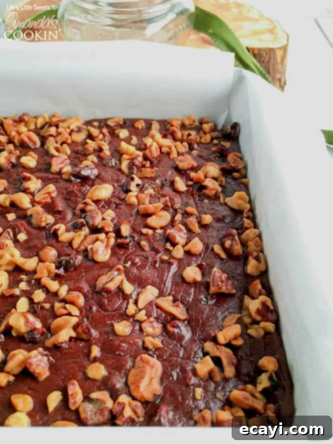 Decadent Walnut Chocolate Fudge 5 A a close up of a pan filled with chocolate walnut fudge.