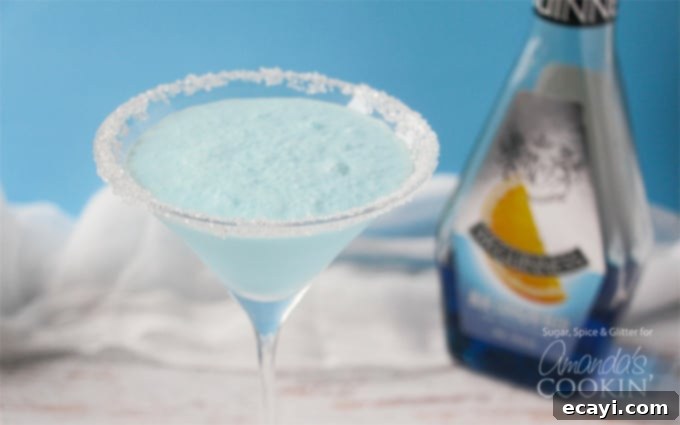 Permafrost Martini 4 A close up of a blended frostbite martini in a clear martini glass.