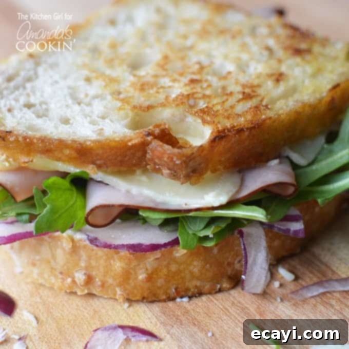 Warm Cheddar, Ham & Arugula Melt 3 A vibrant close-up shot of a Toasted Cheddar, Ham, and Arugula Sandwich, showcasing the fresh arugula and thinly sliced red onion peeking out from between the layers of melted cheese and ham.